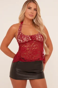 Rebellious Fashion Burgundy Lace Halter Neck Cropped Top - Katya