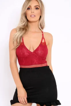 Rebellious Fashion Burgundy Lace Open Back Bodysuit - Naomie