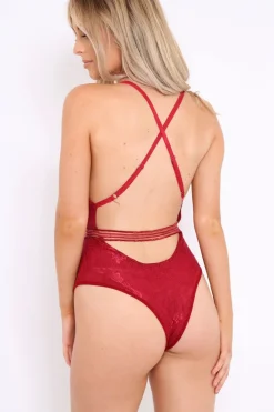 Rebellious Fashion Burgundy Lace Open Back Bodysuit - Naomie