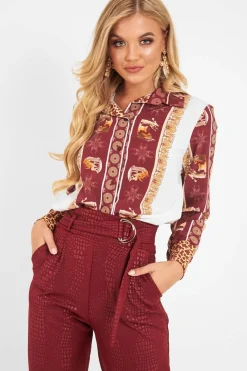 Rebellious Fashion Burgundy Leopard Print Detail Satin Shirt - Corean