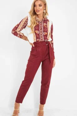 Rebellious Fashion Burgundy Leopard Print Detail Satin Shirt - Corean