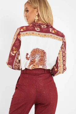 Rebellious Fashion Burgundy Leopard Print Detail Satin Shirt - Corean