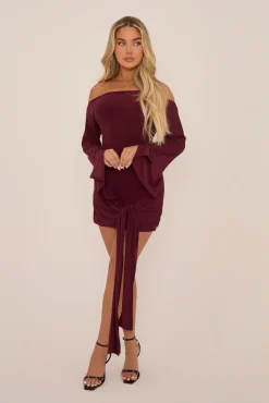 Rebellious Fashion Burgundy Long Flared Sleeves Drape Detail Bodycon Mini Dress - Maya