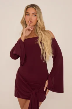 Rebellious Fashion Burgundy Long Flared Sleeves Drape Detail Bodycon Mini Dress - Maya