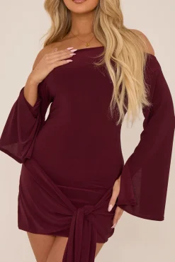 Rebellious Fashion Burgundy Long Flared Sleeves Drape Detail Bodycon Mini Dress - Maya