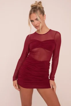 Rebellious Fashion Burgundy Mesh Ruching Detail Mini Dress - Caden