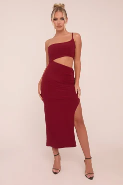 Rebellious Fashion Burgundy One Shoulder Cut Out Midi Dress - Antonia