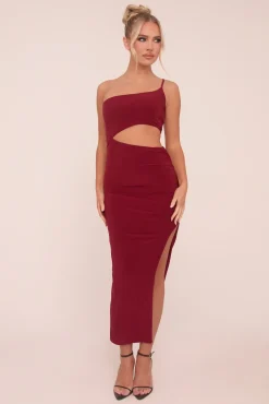 Rebellious Fashion Burgundy One Shoulder Cut Out Midi Dress - Antonia