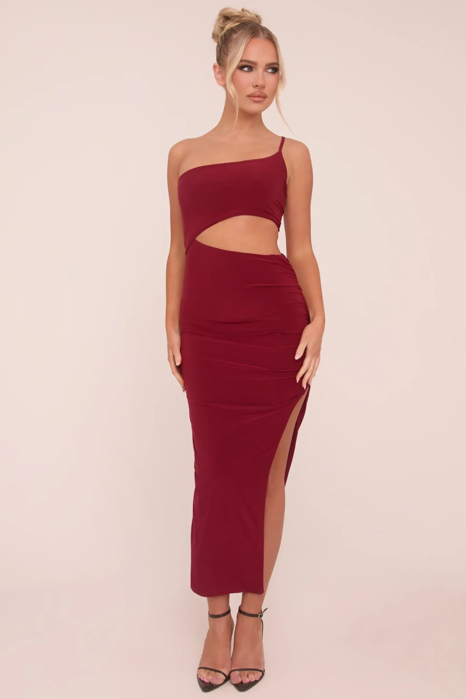 Rebellious Fashion Burgundy One Shoulder Cut Out Midi Dress - Antonia