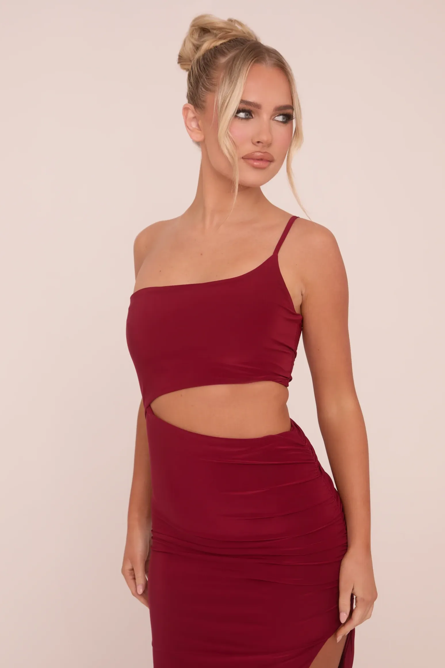 Rebellious Fashion Burgundy One Shoulder Cut Out Midi Dress - Antonia