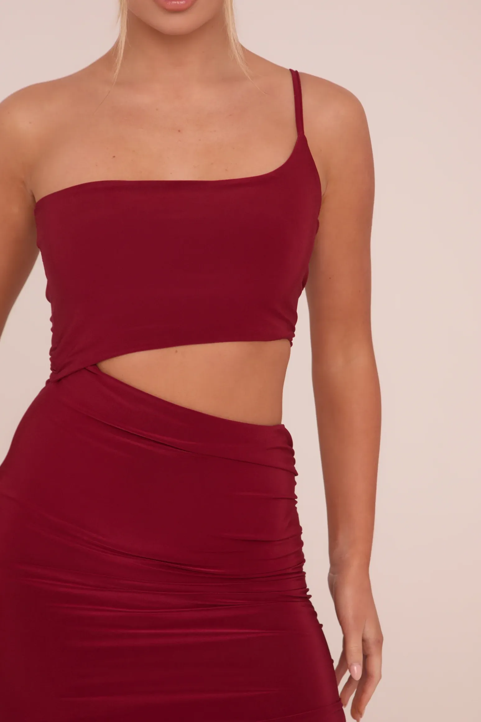 Rebellious Fashion Burgundy One Shoulder Cut Out Midi Dress - Antonia