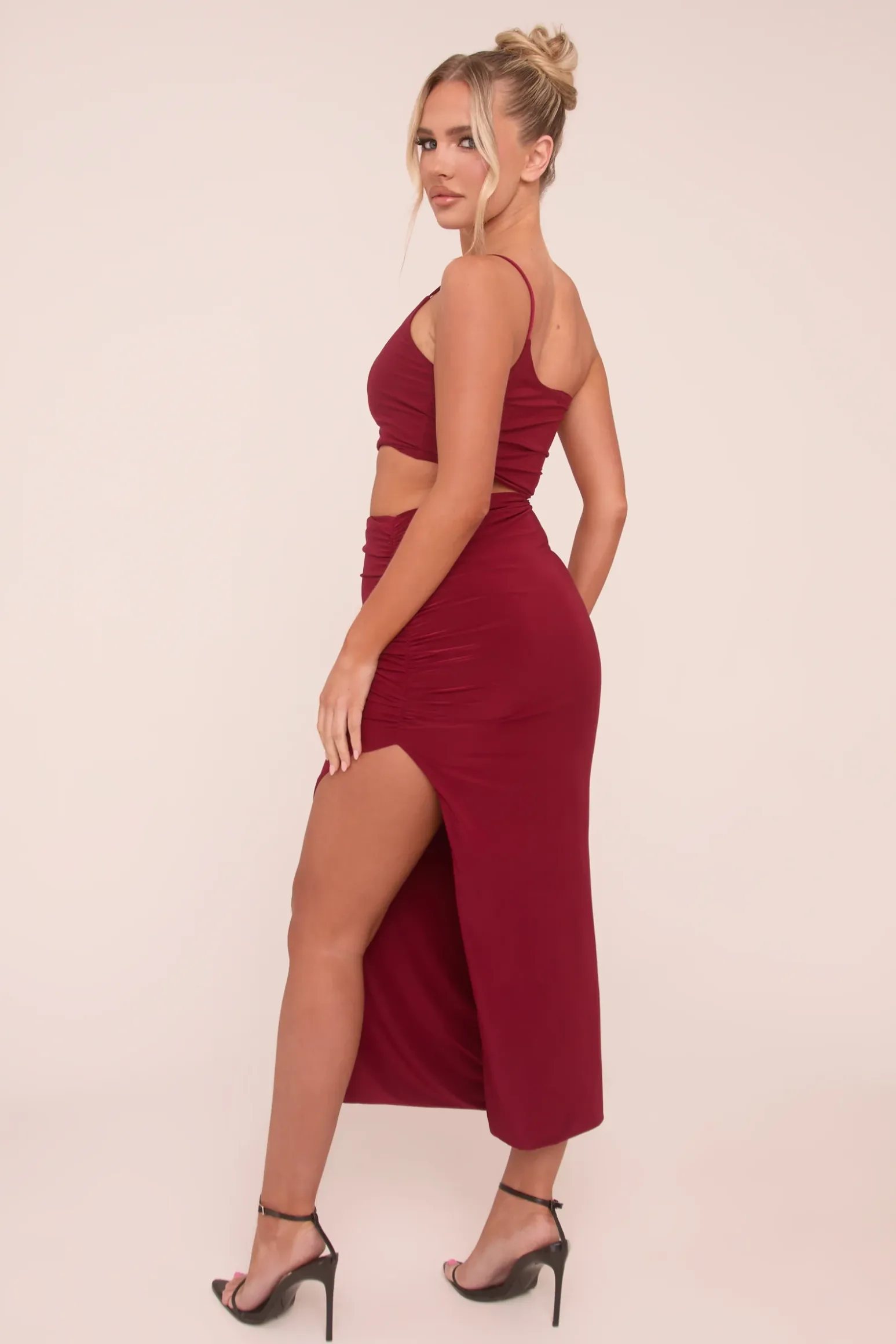Rebellious Fashion Burgundy One Shoulder Cut Out Midi Dress - Antonia