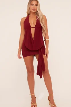 Rebellious Fashion Burgundy Plunge Neck Cowl Detail Top & Mini Skirt Co-ord Set - Lama