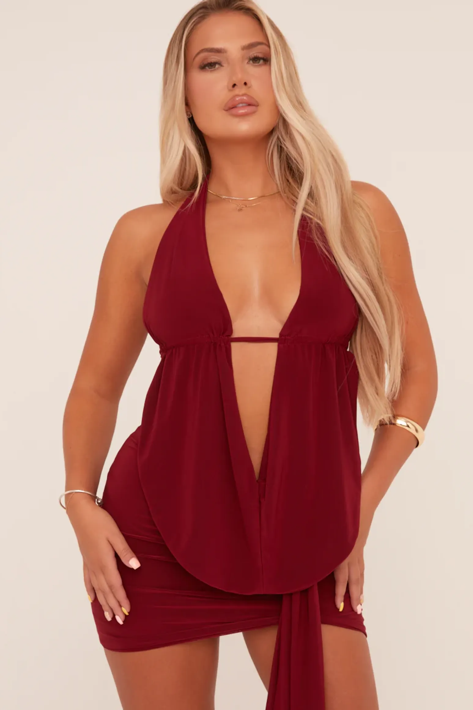 Rebellious Fashion Burgundy Plunge Neck Cowl Detail Top & Mini Skirt Co-ord Set - Lama