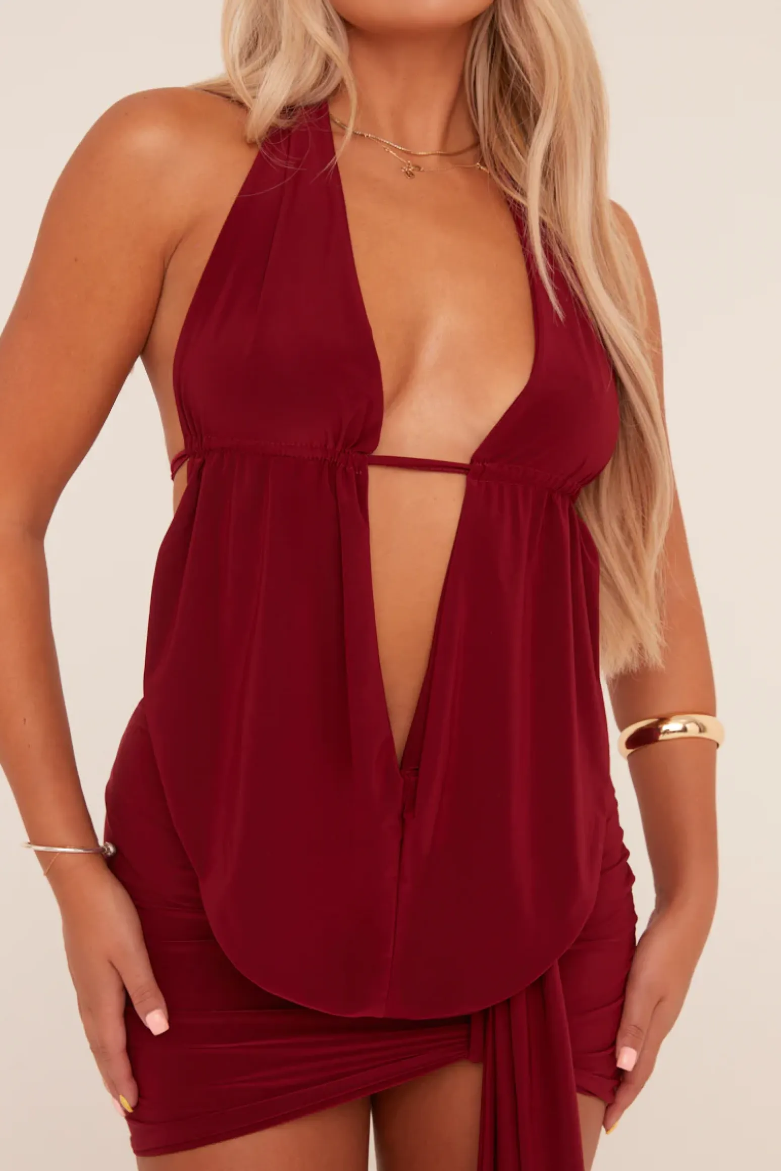 Rebellious Fashion Burgundy Plunge Neck Cowl Detail Top & Mini Skirt Co-ord Set - Lama