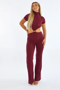Rebellious Fashion Burgundy Rib Knit Cut Out Ring Detail Jumpsuit - Ayla
