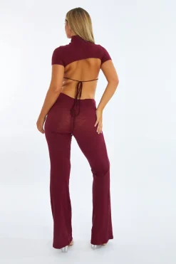 Rebellious Fashion Burgundy Rib Knit Cut Out Ring Detail Jumpsuit - Ayla