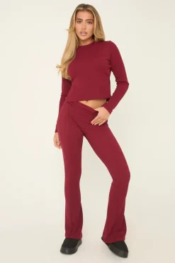 Rebellious Fashion Burgundy Round Neck Oversized Long Sleeves Top & Kick Flare Trousers Co-ord Set - Blanche