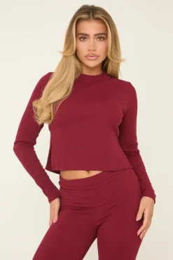 Rebellious Fashion Burgundy Round Neck Oversized Long Sleeves Top & Kick Flare Trousers Co-ord Set - Blanche