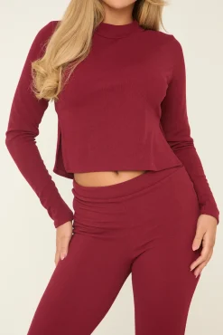 Rebellious Fashion Burgundy Round Neck Oversized Long Sleeves Top & Kick Flare Trousers Co-ord Set - Blanche