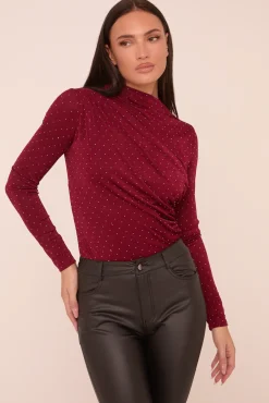 Rebellious Fashion Burgundy Ruching Detail Long Sleeves Bodysuit - Quinn