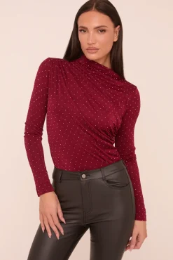 Rebellious Fashion Burgundy Ruching Detail Long Sleeves Bodysuit - Quinn