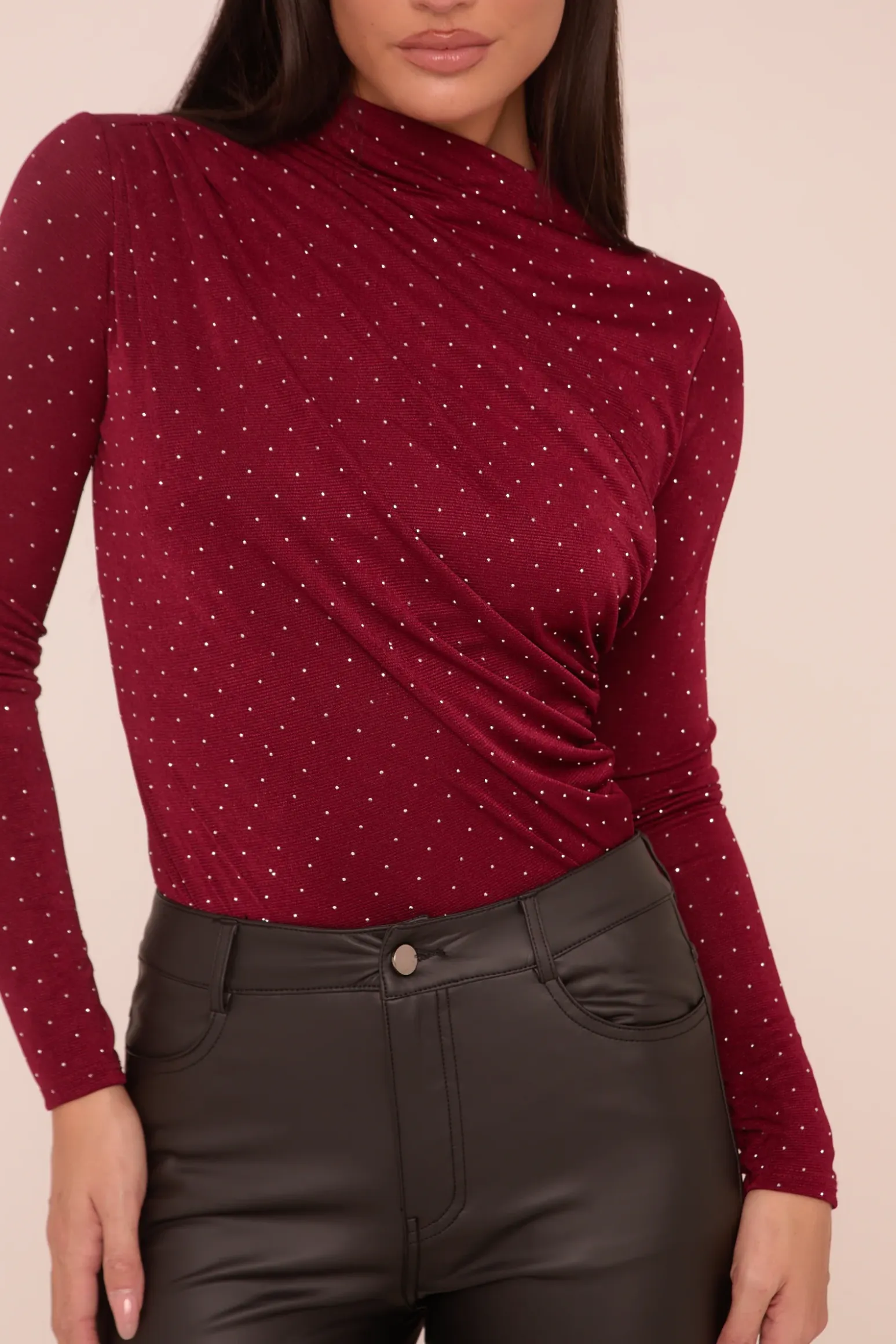 Rebellious Fashion Burgundy Ruching Detail Long Sleeves Bodysuit - Quinn