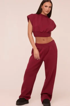 Rebellious Fashion Burgundy Shirring Detail Cropped Top & Straight Leg Trousers Co-ord Set - Harley
