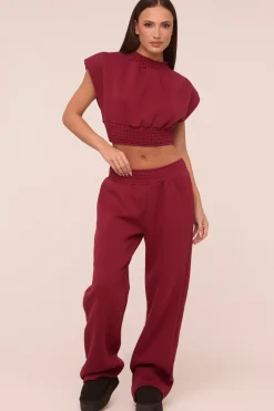 Rebellious Fashion Burgundy Shirring Detail Cropped Top & Straight Leg Trousers Co-ord Set - Harley