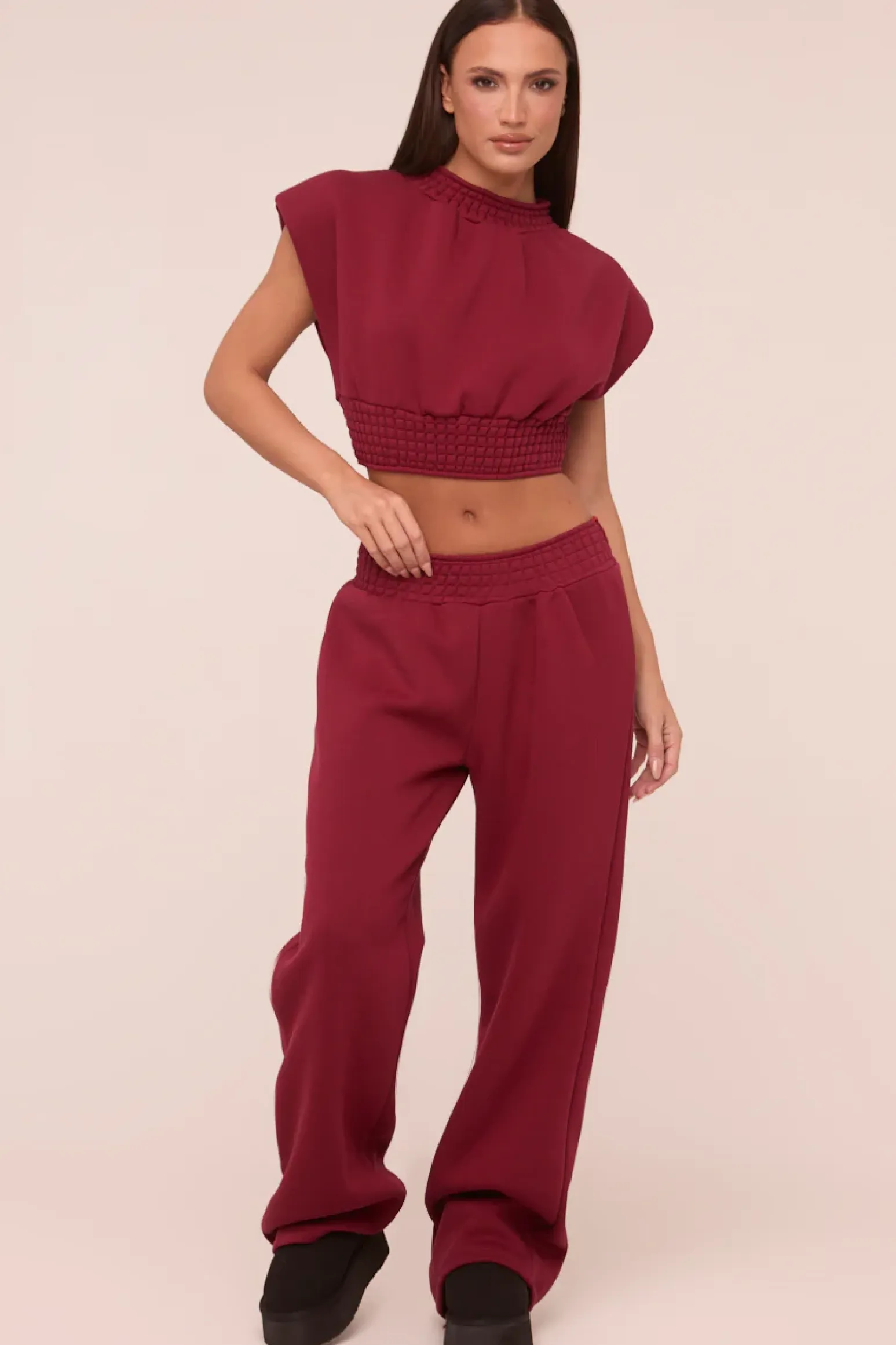 Rebellious Fashion Burgundy Shirring Detail Cropped Top & Straight Leg Trousers Co-ord Set - Harley