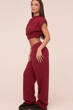 Rebellious Fashion Burgundy Shirring Detail Cropped Top & Straight Leg Trousers Co-ord Set - Harley