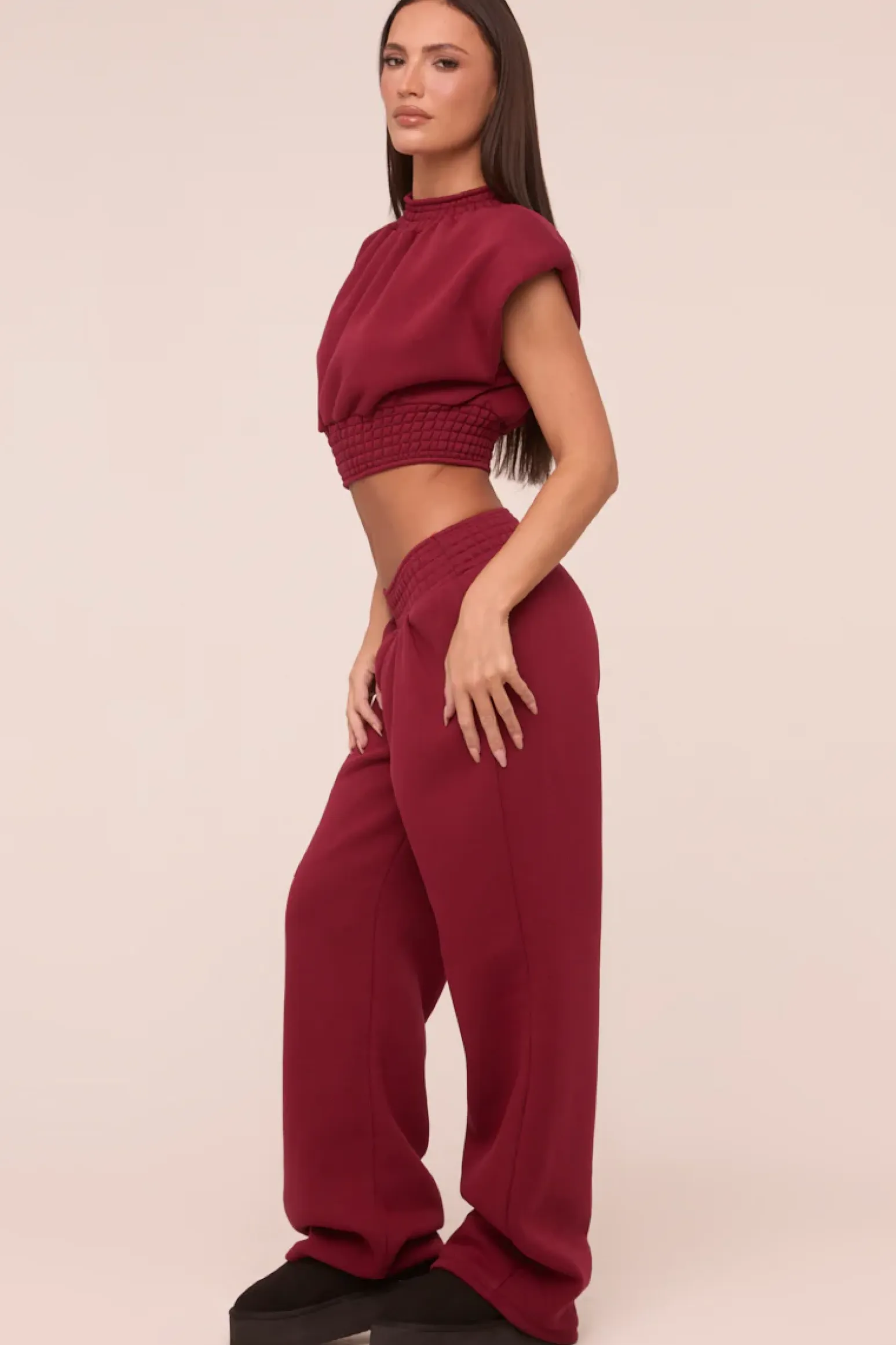 Rebellious Fashion Burgundy Shirring Detail Cropped Top & Straight Leg Trousers Co-ord Set - Harley