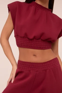 Rebellious Fashion Burgundy Shirring Detail Cropped Top & Straight Leg Trousers Co-ord Set - Harley