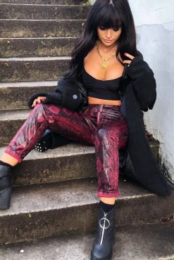 Rebellious Fashion Burgundy Snake Coated Zip Front Trousers - Destynie