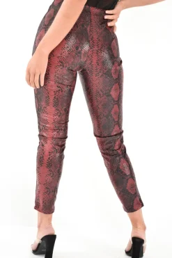 Rebellious Fashion Burgundy Snake Coated Zip Front Trousers - Destynie