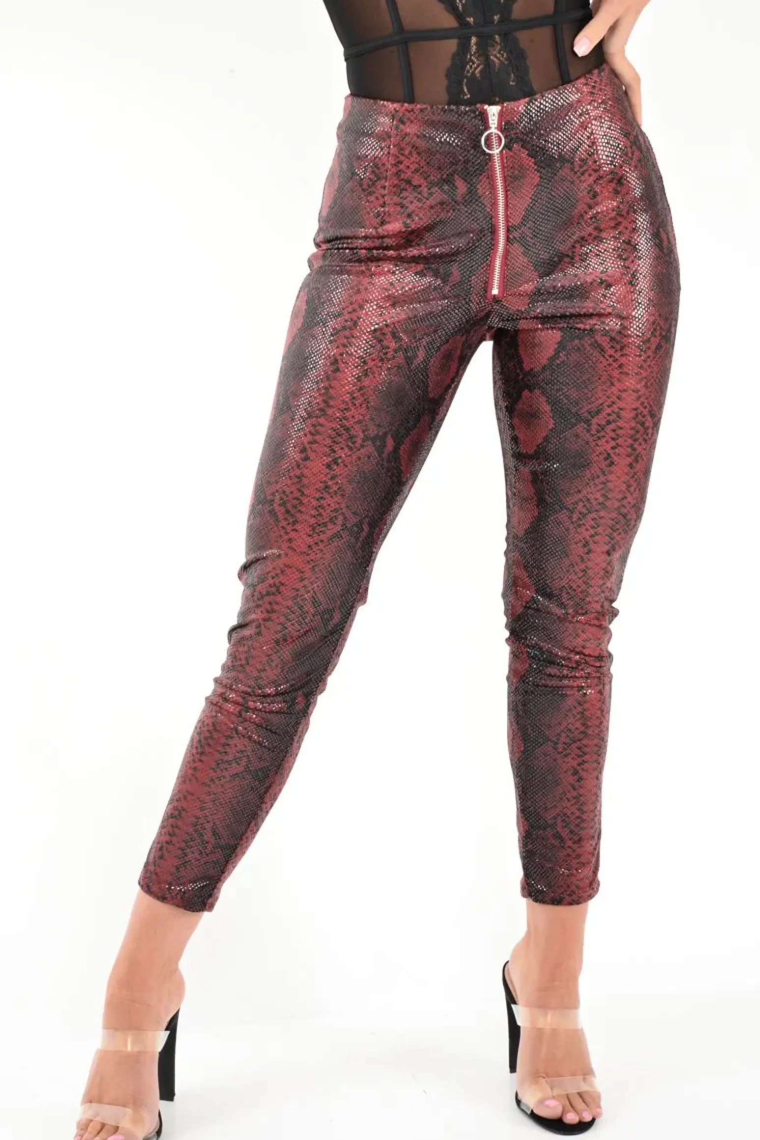 Rebellious Fashion Burgundy Snake Coated Zip Front Trousers - Destynie