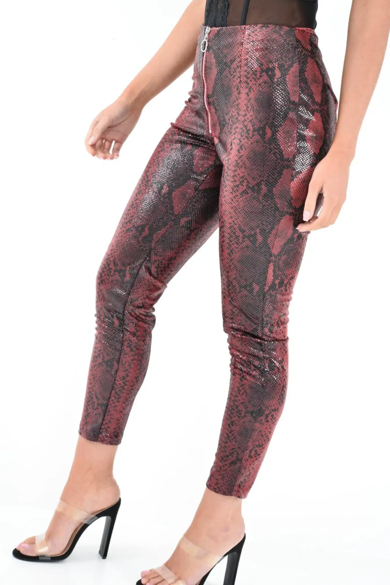 Rebellious Fashion Burgundy Snake Coated Zip Front Trousers - Destynie