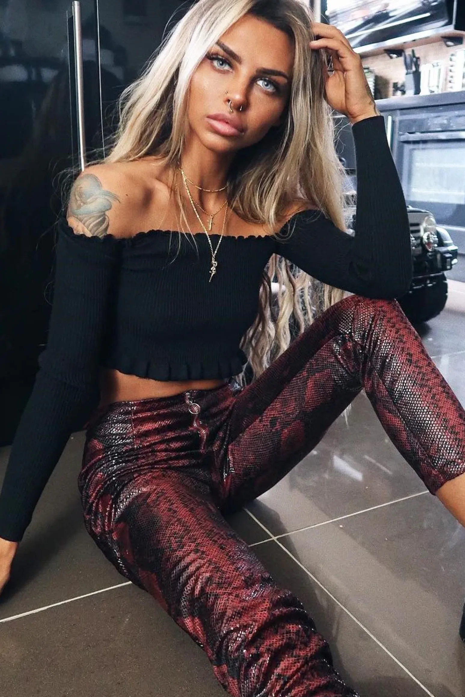 Rebellious Fashion Burgundy Snake Coated Zip Front Trousers - Destynie