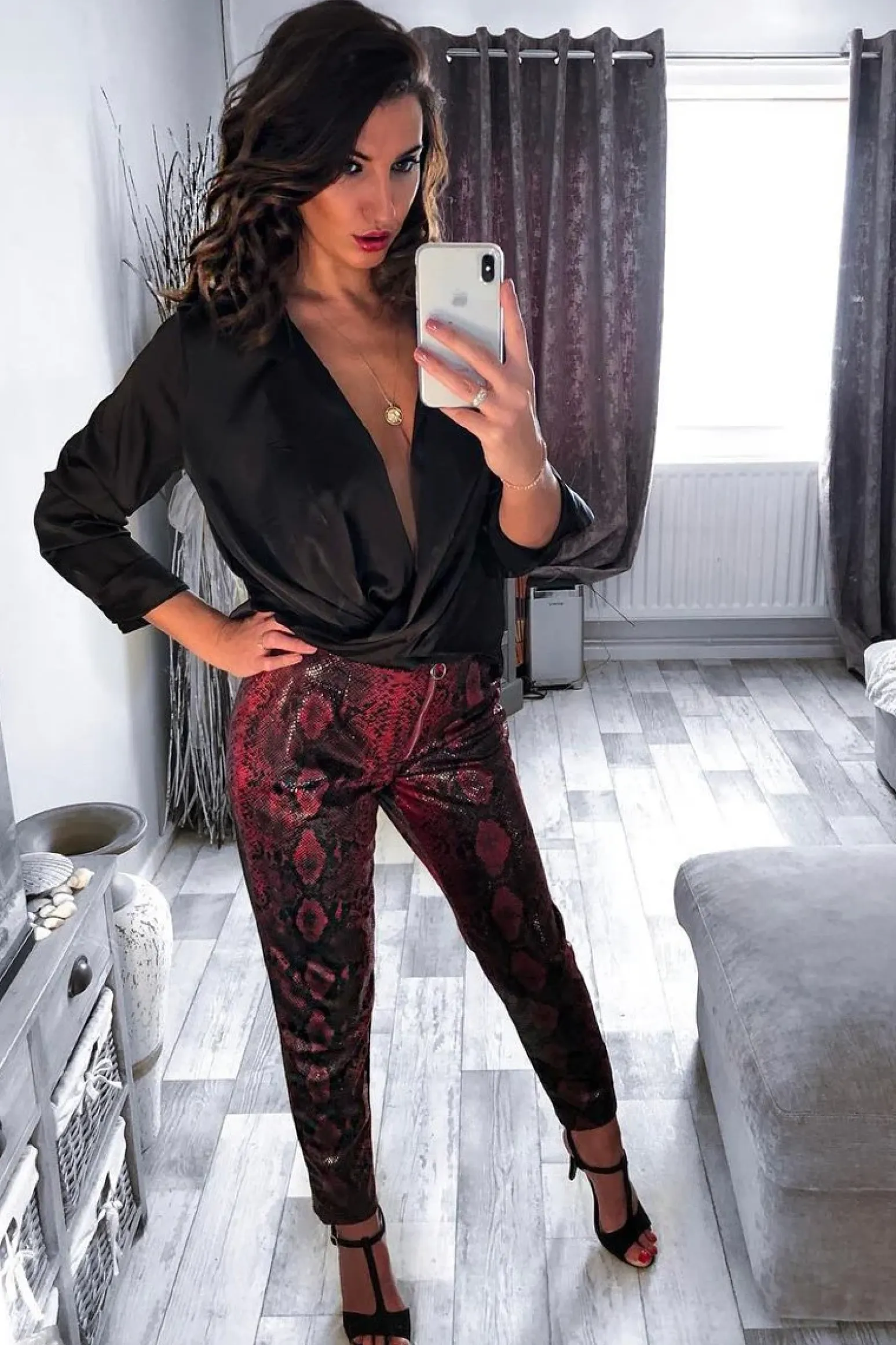 Rebellious Fashion Burgundy Snake Coated Zip Front Trousers - Destynie