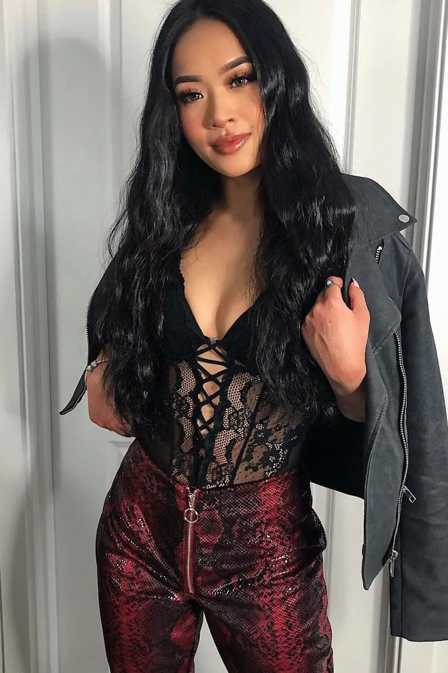 Rebellious Fashion Burgundy Snake Coated Zip Front Trousers - Destynie