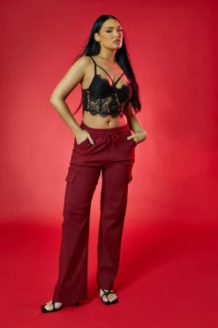 Rebellious Fashion Burgundy Straight Leg Cargo Trousers - Rian