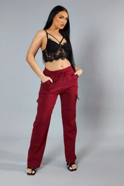 Rebellious Fashion Burgundy Straight Leg Cargo Trousers - Rian