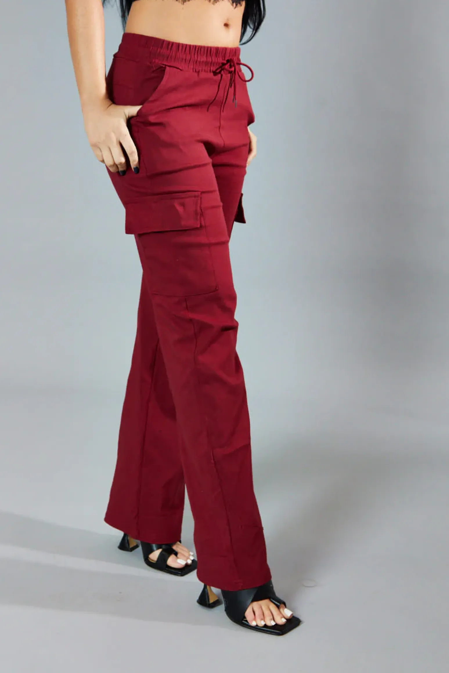 Rebellious Fashion Burgundy Straight Leg Cargo Trousers - Rian