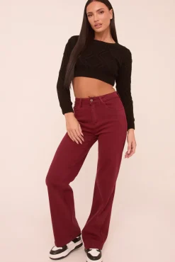 Rebellious Fashion Burgundy Stretch Mid Waist Straight Leg Denim Jeans - Misha