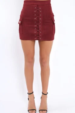 Rebellious Fashion Burgundy Suedette Lace Up Skirt - Ressie