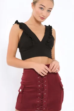 Rebellious Fashion Burgundy Suedette Lace Up Skirt - Ressie