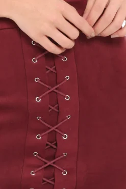 Rebellious Fashion Burgundy Suedette Lace Up Skirt - Ressie