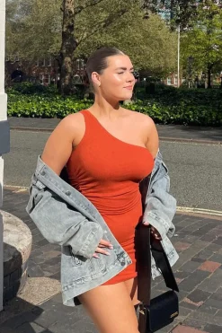 Rebellious Fashion Burnt Orange Rib One Shoulder Mini Dress - Milana