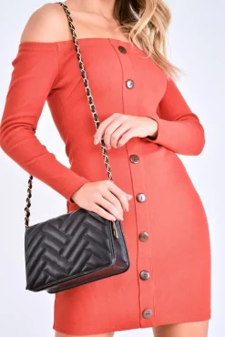 Rebellious Fashion Burnt Orange Rib Button Down Mini Dress - Lorenna