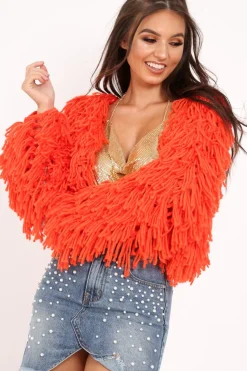 Rebellious Fashion Burnt Orange Shaggy Crop Jacket - Neha
